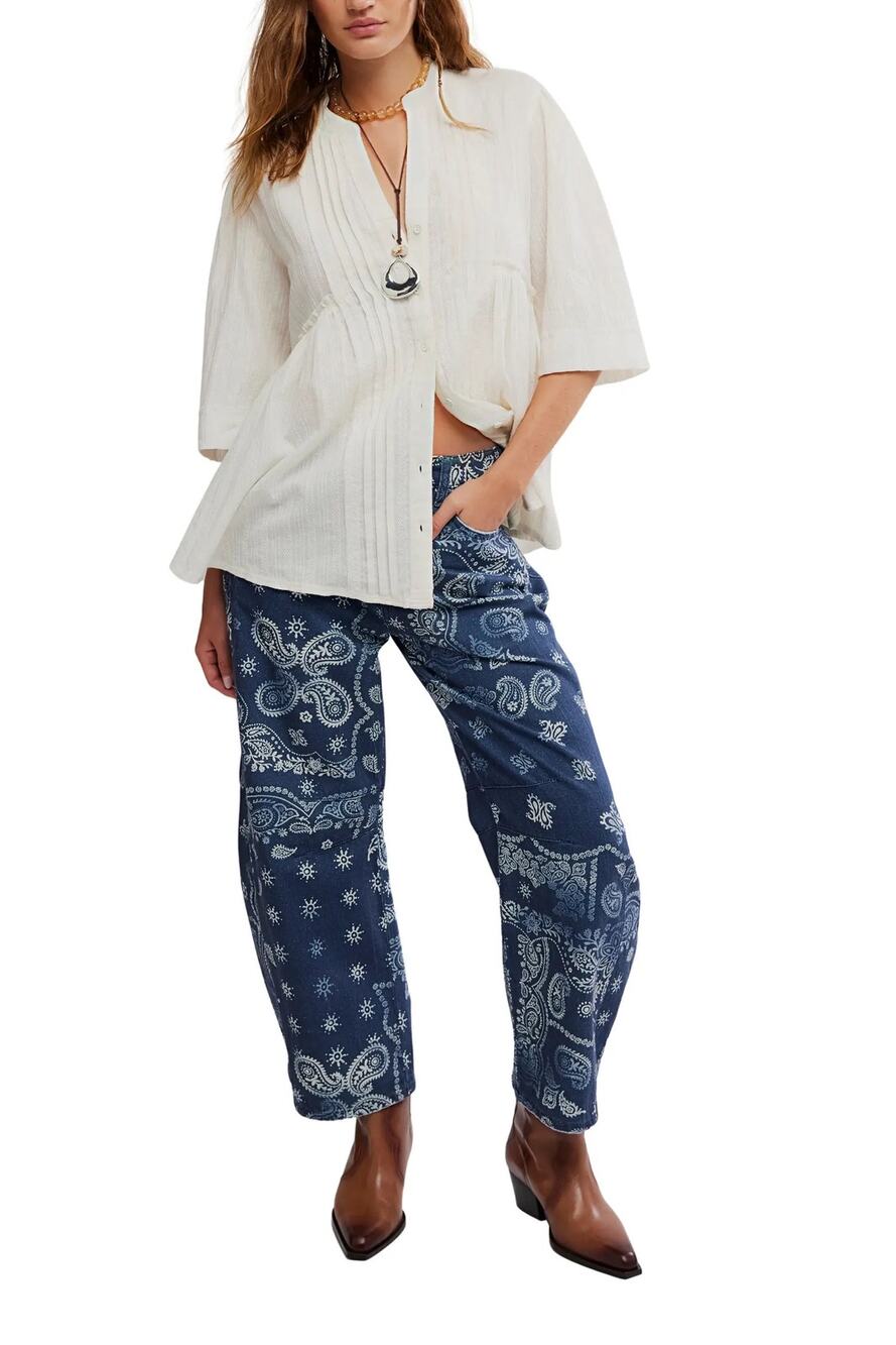 Free People Willow Pintuck Perfect Flan Cotton Button-Up L Repaired Cottage Boho